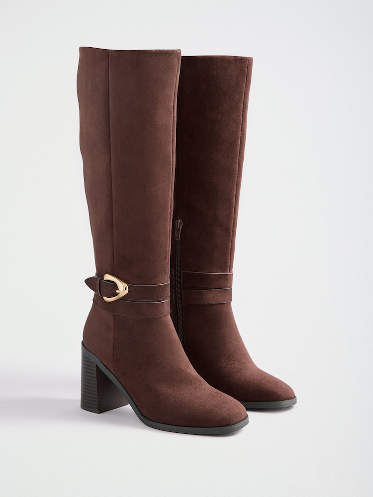 Friends Like These Chocolate Brown Faux Suede Standard fit Gold Buckle Detail Mid Block Heel Knee High Boots - Image 2 of 5 Friends Like These Chocolate Brown Faux Suede Standard fit Gold Buckle Detail Mid Block Heel Knee High Boots - Image 2 of 5