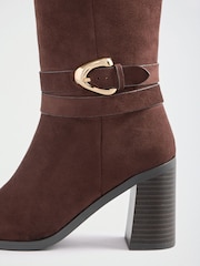 Friends Like These Chocolate Brown Faux Suede Standard fit Gold Buckle Detail Mid Block Heel Knee High Boots - Image 3 of 5