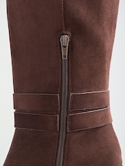 Friends Like These Chocolate Brown Faux Suede Standard fit Gold Buckle Detail Mid Block Heel Knee High Boots - Image 4 of 5