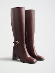 Friends Like These Burgundy Red Faux Leather Standard fit Gold Buckle Detail Mid Block Heel Knee High Boots - Image 3 of 7