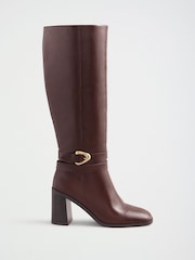 Friends Like These Burgundy Red Faux Leather Standard fit Gold Buckle Detail Mid Block Heel Knee High Boots - Image 4 of 7