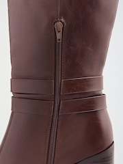 Friends Like These Burgundy Red Faux Leather Standard fit Gold Buckle Detail Mid Block Heel Knee High Boots - Image 7 of 7