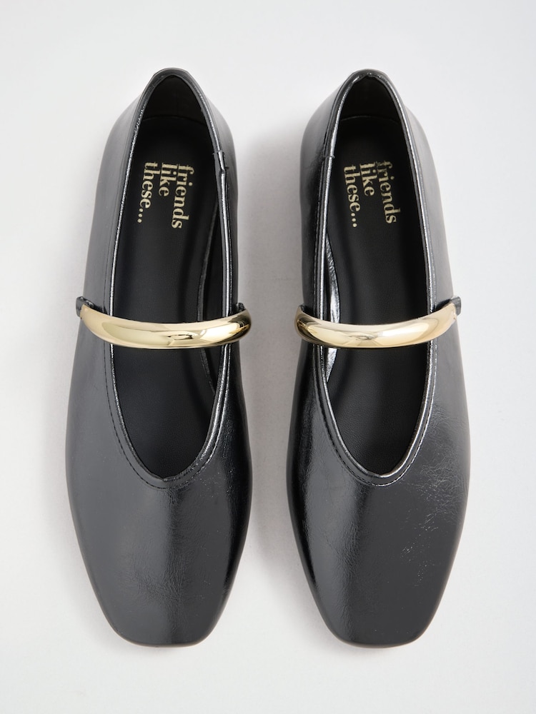 Friends Like These Black Faux Leather Square Toe Hardware Strap Flat Ballerina Shoes - Image 1 of 5