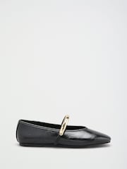 Friends Like These Black Faux Leather Square Toe Hardware Strap Flat Ballerina Shoes - Image 2 of 5