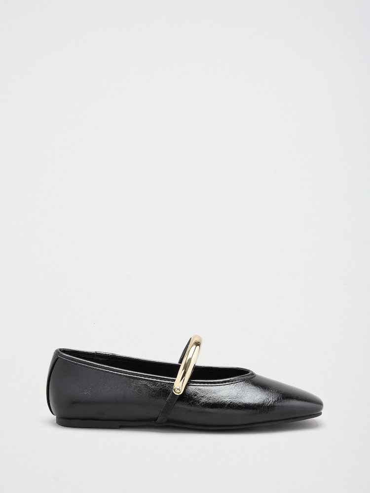Friends Like These Black Faux Leather Square Toe Hardware Strap Flat Ballerina Shoes - Image 2 of 5