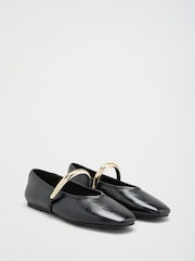 Friends Like These Black Faux Leather Square Toe Hardware Strap Flat Ballerina Shoes - Image 3 of 5