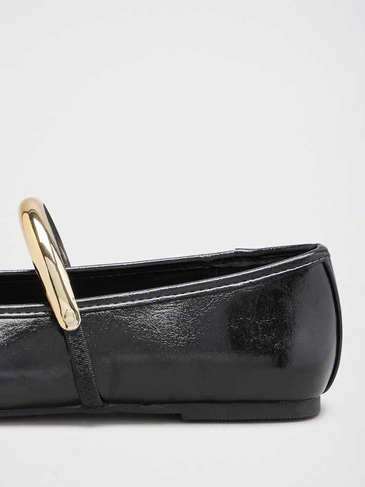 Friends Like These Black Faux Leather Square Toe Hardware Strap Flat Ballerina Shoes - Image 5 of 5