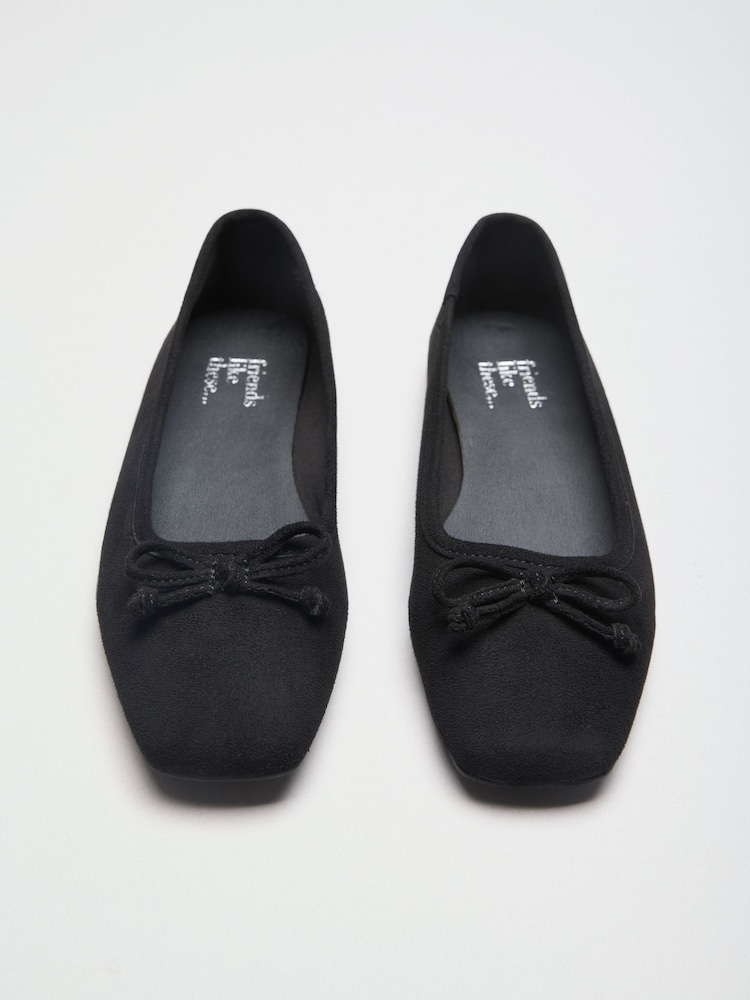 Friends Like These Black Faux Suede Wide Fit Square Toe Bow Detail Flat Ballerina Shoes - Image 1 of 4