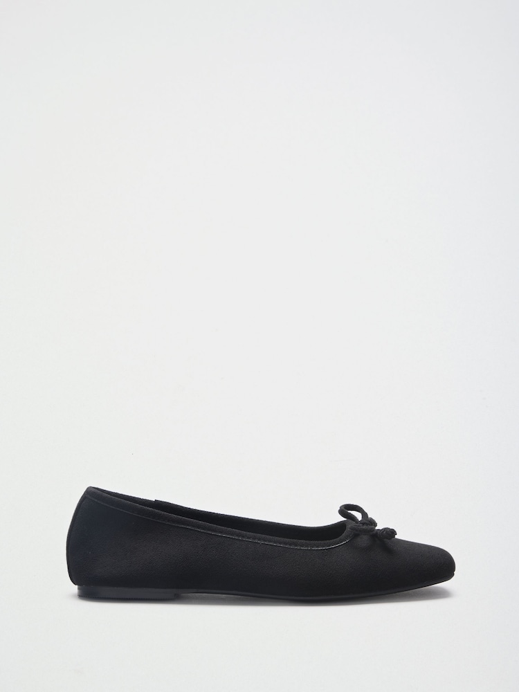 Friends Like These Black Faux Suede Wide Fit Square Toe Bow Detail Flat Ballerina Shoes - Image 2 of 4