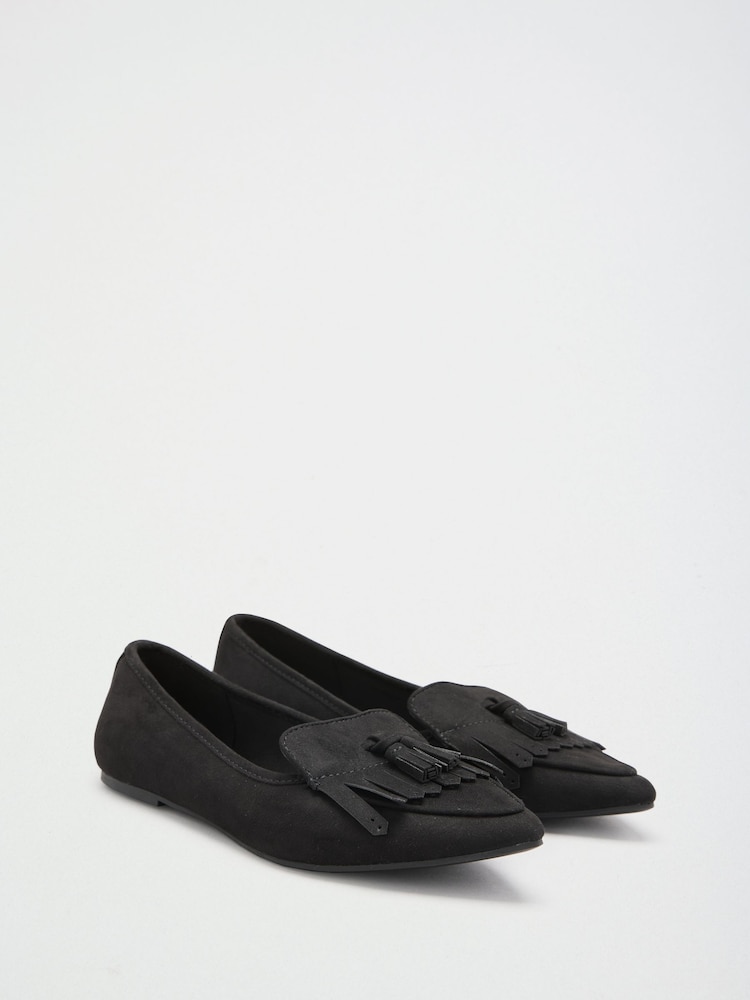 Friends Like These Black Faux Suede Tassel Pointed Toe Flat Loafer Shoes - Image 1 of 4 Friends Like These Black Faux Suede Tassel Pointed Toe Flat Loafer Shoes - Image 1 of 4
