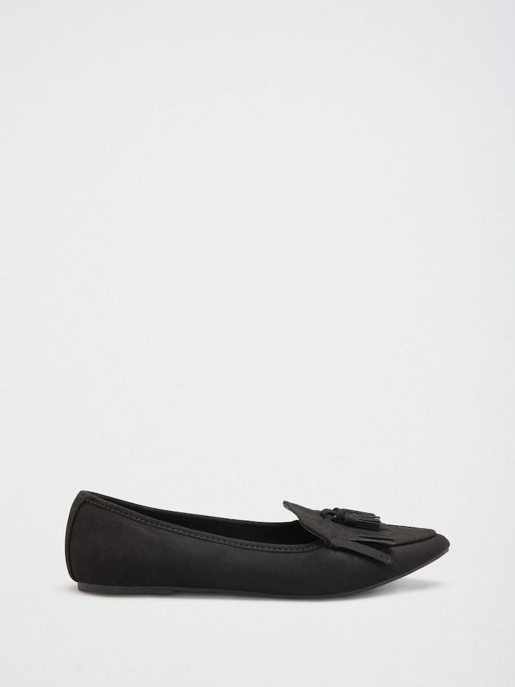 Friends Like These Black Faux Suede Tassel Pointed Toe Flat Loafer Shoes - Image 2 of 4 Friends Like These Black Faux Suede Tassel Pointed Toe Flat Loafer Shoes - Image 2 of 4