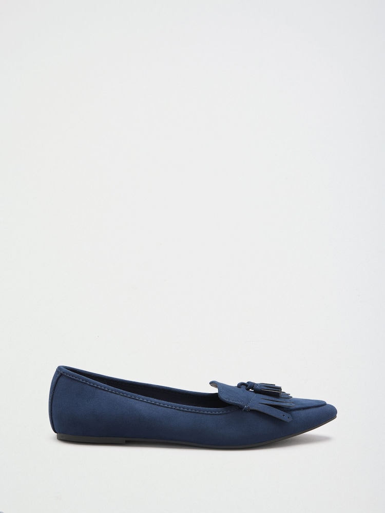 Friends Like These Navy Blue Faux Suede Tassel Pointed Toe Flat Loafer Shoes - Image 2 of 4