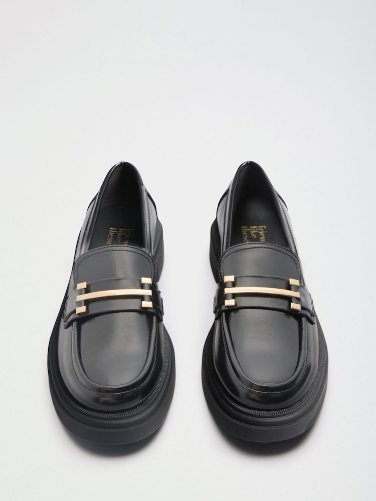 Friends Like These Black Wide Fit Faux Leather Gold Trim Detail Chunky Loafer Shoes - Image 1 of 4 Friends Like These Black Wide Fit Faux Leather Gold Trim Detail Chunky Loafer Shoes - Image 1 of 4