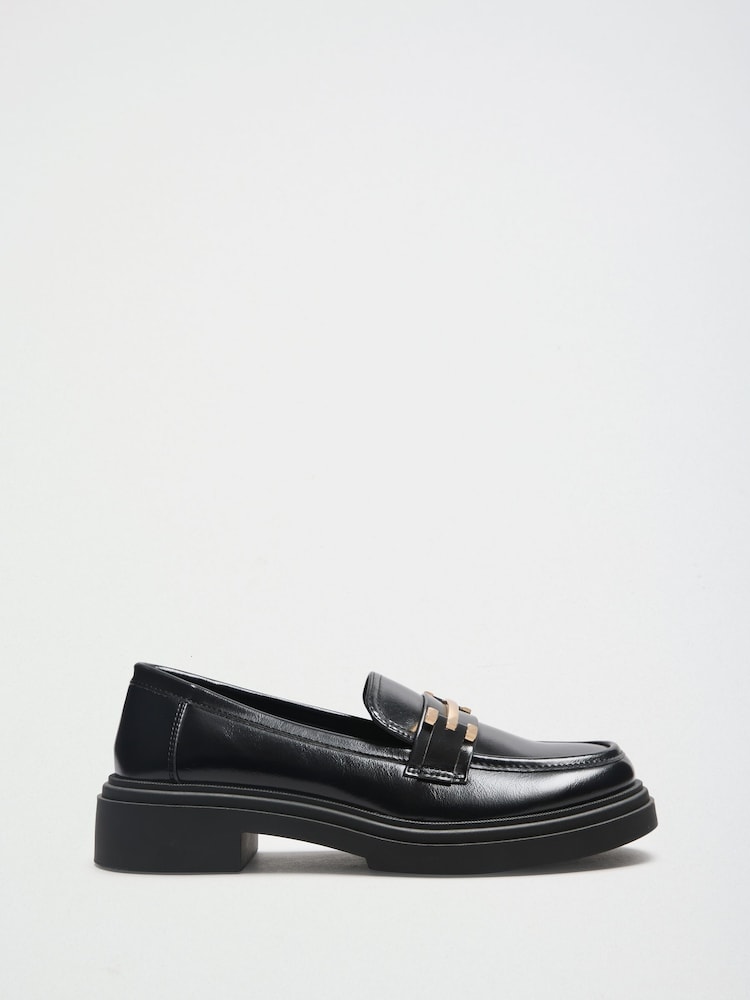 Friends Like These Black Wide Fit Faux Leather Gold Trim Detail Chunky Loafer Shoes - Image 2 of 4 Friends Like These Black Wide Fit Faux Leather Gold Trim Detail Chunky Loafer Shoes - Image 2 of 4