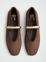 Friends Like These Chocolate Brown Faux Suede Square Toe Hardware Strap Flat Ballerina Shoes - Image 1 of 5