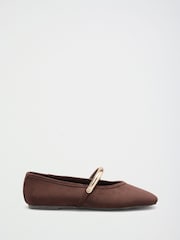 Friends Like These Chocolate Brown Faux Suede Square Toe Hardware Strap Flat Ballerina Shoes - Image 2 of 5