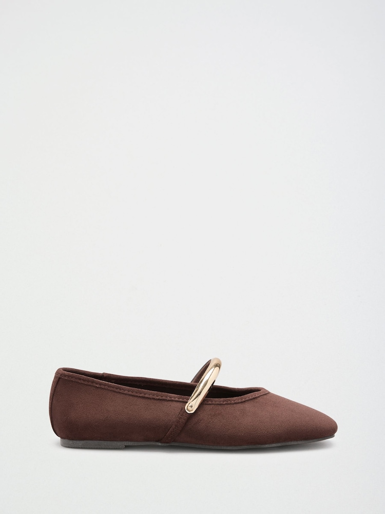Friends Like These Chocolate Brown Faux Suede Square Toe Hardware Strap Flat Ballerina Shoes - Image 2 of 5