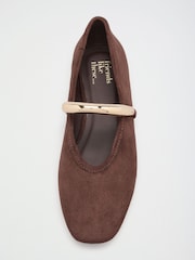 Friends Like These Chocolate Brown Faux Suede Square Toe Hardware Strap Flat Ballerina Shoes - Image 4 of 5