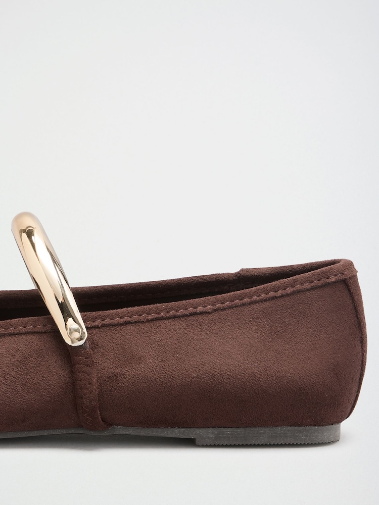 Friends Like These Chocolate Brown Faux Suede Square Toe Hardware Strap Flat Ballerina Shoes - Image 5 of 5