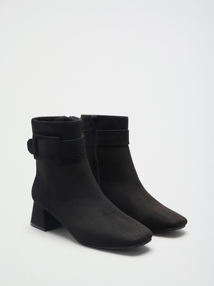 Friends Like These Black Wide Fit Faux Suede Covered Buckle Mid Heel Ankle Boots - Image 1 of 4 Friends Like These Black Wide Fit Faux Suede Covered Buckle Mid Heel Ankle Boots - Image 1 of 4