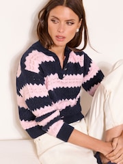 Lipsy Navy/Pink Stripe Tipped Buttoned Collared Crochet Knit Jumper - Image 1 of 4