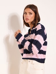 Lipsy Navy/Pink Stripe Tipped Buttoned Collared Crochet Knit Jumper - Image 2 of 4
