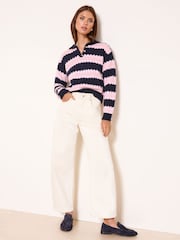 Lipsy Navy/Pink Stripe Tipped Buttoned Collared Crochet Knit Jumper - Image 3 of 4