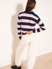 Lipsy Navy/Pink Stripe Tipped Buttoned Collared Crochet Knit Jumper - Image 4 of 4
