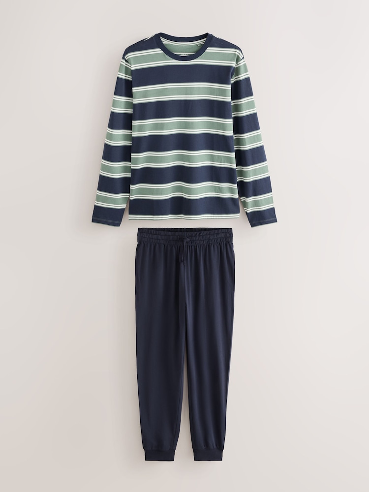 Green/Navy Jersey Stripe Pyjamas Set - Image 1 of 5 Green/Navy Jersey Stripe Pyjamas Set - Image 1 of 5