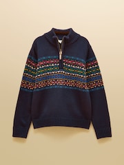 Joules Boys' Hillside Navy Fair Isle Knit Quarter Zip Jumper - Image 1 of 4