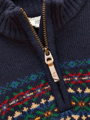 Joules Boys' Hillside Navy Fair Isle Knit Quarter Zip Jumper - Image 3 of 4