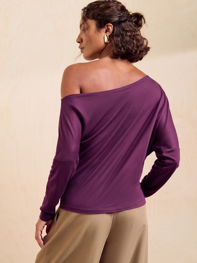 Friends Like These Aubergine Purple Off Shoulder Long Sleeve Jersey Top - Image 4 of 4 Friends Like These Aubergine Purple Off Shoulder Long Sleeve Jersey Top - Image 4 of 4