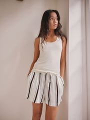 Cream/ Chocolate Brown Stripe Studio Rib Racer Vest and Short Pyjamas Set - Image 1 of 9