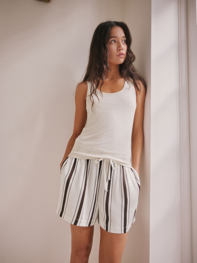 Cream/ Chocolate Brown Stripe Studio Rib Racer Vest and Short Pyjamas Set - Image 1 of 9 Cream/ Chocolate Brown Stripe Studio Rib Racer Vest and Short Pyjamas Set - Image 1 of 9
