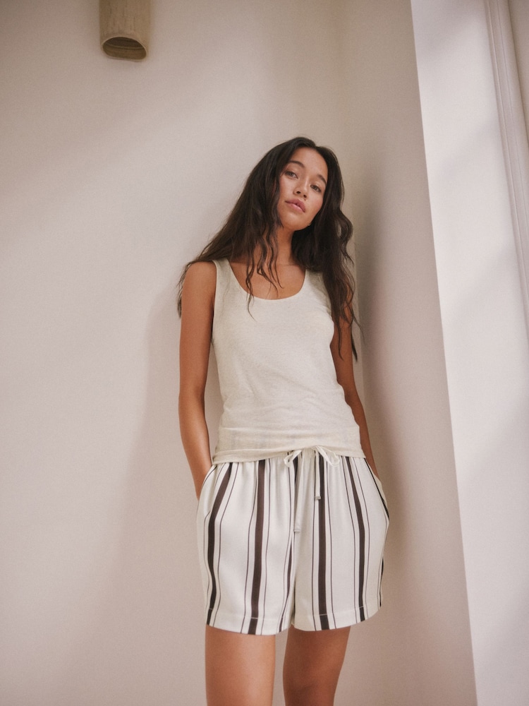 Cream/ Chocolate Brown Stripe Studio Rib Racer Vest and Short Pyjamas Set - Image 2 of 9 Cream/ Chocolate Brown Stripe Studio Rib Racer Vest and Short Pyjamas Set - Image 2 of 9