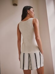 Cream/ Chocolate Brown Stripe Studio Rib Racer Vest and Short Pyjamas Set - Image 4 of 9