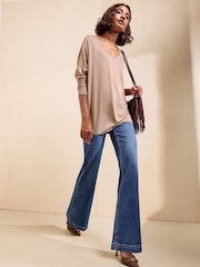 Friends Like These Taupe Soft Jersey V-Neck Long Sleeve Tunic Top - Image 2 of 6