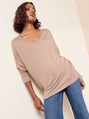 Friends Like These Taupe Soft Jersey V-Neck Long Sleeve Tunic Top - Image 3 of 6