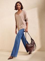 Friends Like These Taupe Soft Jersey V-Neck Long Sleeve Tunic Top - Image 4 of 6