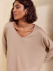 Friends Like These Taupe Soft Jersey V-Neck Long Sleeve Tunic Top - Image 5 of 6