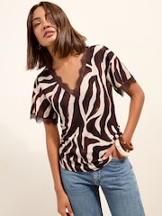 Friends Like These Chocolate Brown Lace Trim Textured V-Neck Top - Image 1 of 4