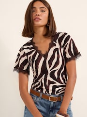 Friends Like These Chocolate Brown Lace Trim Textured V-Neck Top - Image 4 of 4