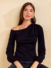 Friends Like These Black Draped Long Sleeve Off The Shoulder Top - Image 3 of 5