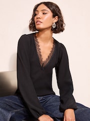 Friends Like These Black V-Neck Lace Trim Top - Image 1 of 4
