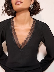 Friends Like These Black V-Neck Lace Trim Top - Image 4 of 4