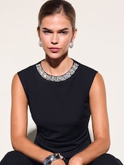 Friends Like These Black Embellished Neckline Shoulder Pad Top - Image 1 of 6