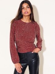 勃艮第红色 - Friends Like These Cinched Waist Hotfix Top - 图片1 / 6