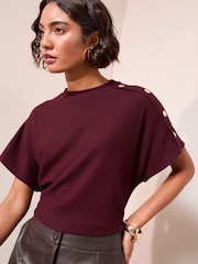 Friends Like These Burgundy Red Button Detail Short Sleeve Top - Image 1 of 5
