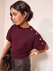 Friends Like These Burgundy Red Button Detail Short Sleeve Top - Image 2 of 5