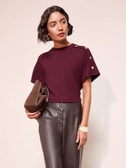Friends Like These Burgundy Red Button Detail Short Sleeve Top - Image 4 of 5